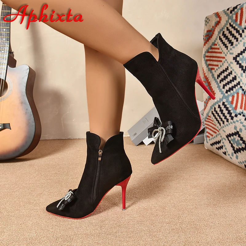 Aphixta Crystals Flower Winter Stilettos Heels Zip Warm Ankle Boots Women Just For You Letter Flock Shoes Super Big Size 50