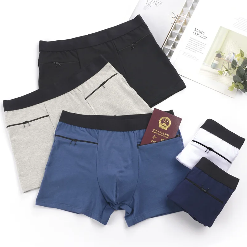 Man Outdoor Travel Safe Boxers with Dual Pockets with Zippers Phone Key Passpord Storage Underwear Hidden Bag Lingerie