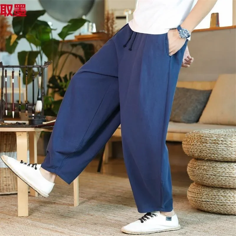 Extra Large 300kg Chinese Style Cotton Linen Cropped Pants Loose Fit Casual Pants Plus Size Plus Fat Men Yoga Long