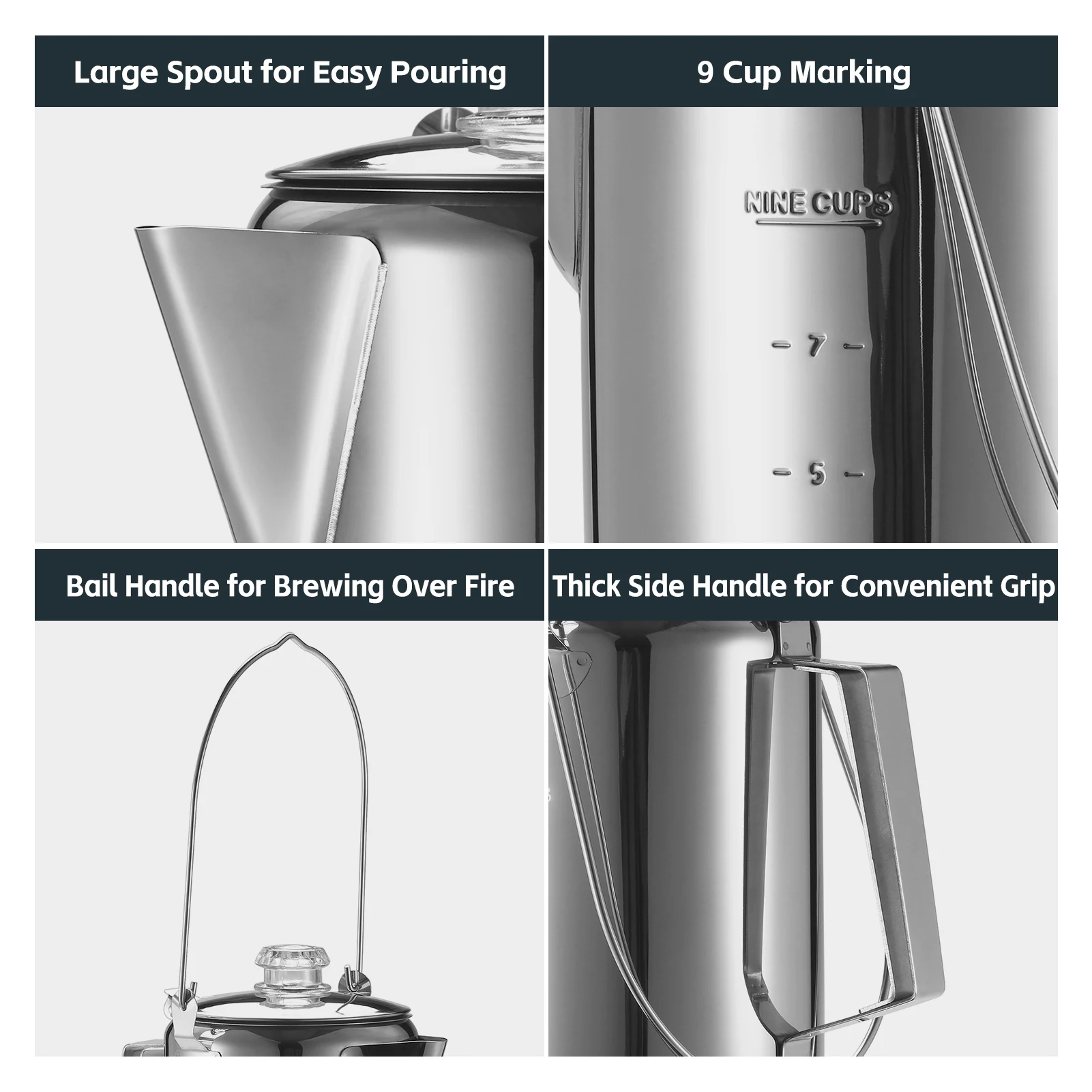 1.2L 9 Cup Coffee Pot Stainless Steel Percolator Coffee Pot Coffee Maker for Outdoor Camping Home Kitchen Weekend Trip 5
