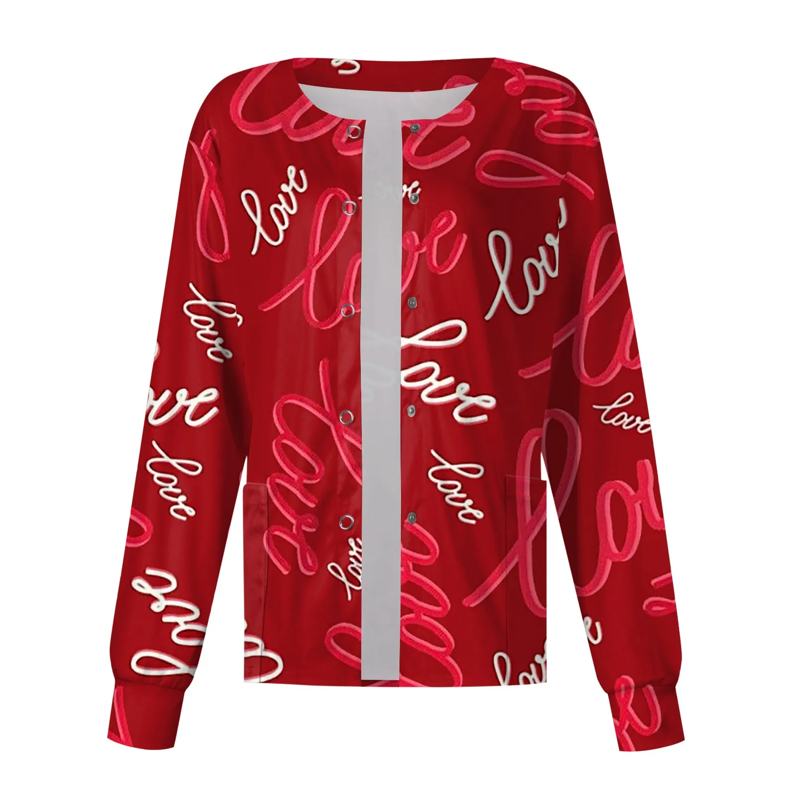 

Nurse Working Uniform Women Long Sleeve Love Heart Print Pattern Pocket Stand-up Collar Single-breasted Protective Cardigan Top