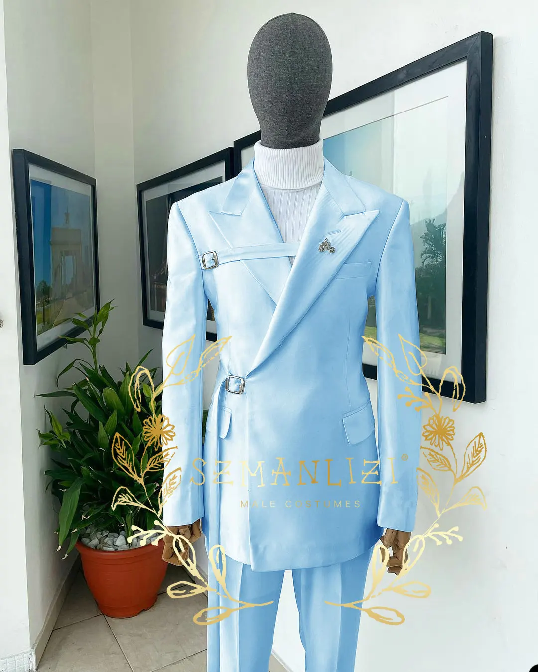 

SZMANLIZI Blazer Pant Sets Double Breasted Men Suits For Wedding Groom Tuxedos Sky Blue Suits Best Man Prom Party Male Dress