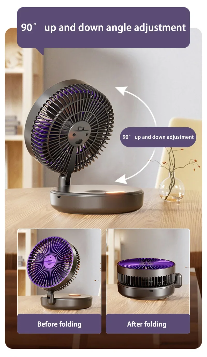 5000mAh 3IN1 Rechargeable Multifunctional Portable Fan Wall Mounted Fan 90° Folding Fan 4 Gears With Warm Night Light New 2025