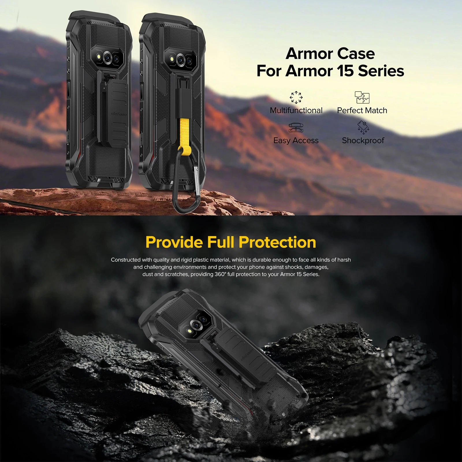 Ulefone Power Armor 15 Back Cover Ulefone Back Clip Phone Case with Carabiner TPU + PC Case Protective Case