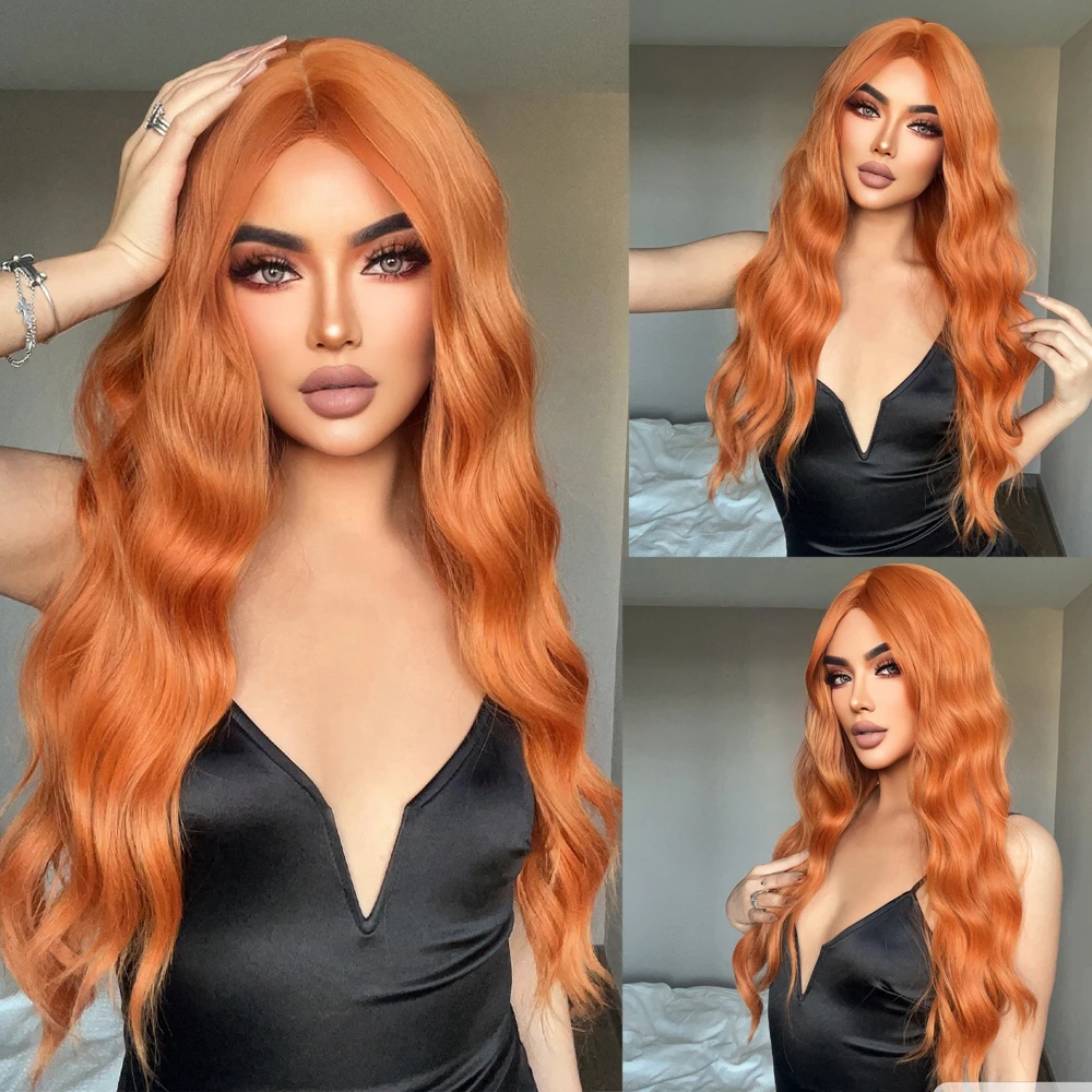 Copper Ginger Laranja Longa Onda de Água Perucas sintéticas com franja para as Mulheres Cosplay Party Curly Wave Hair Wig Fibra resistente ao calor