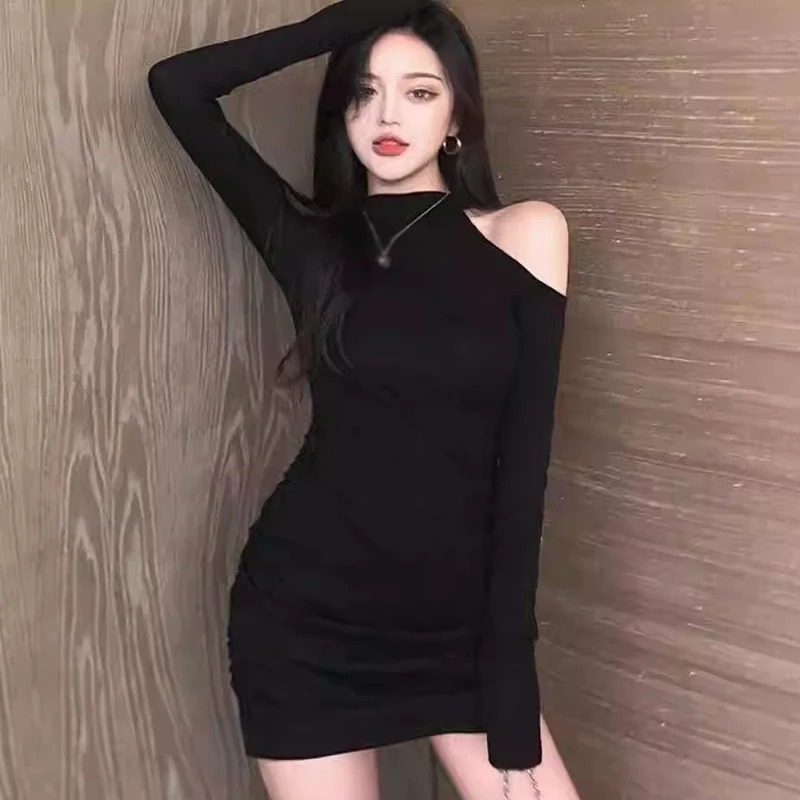 여성용 단색 원피스 홀터 넥 오프 숄더 타이트핏 패션 힙랩 긴팔 드레스, 가을