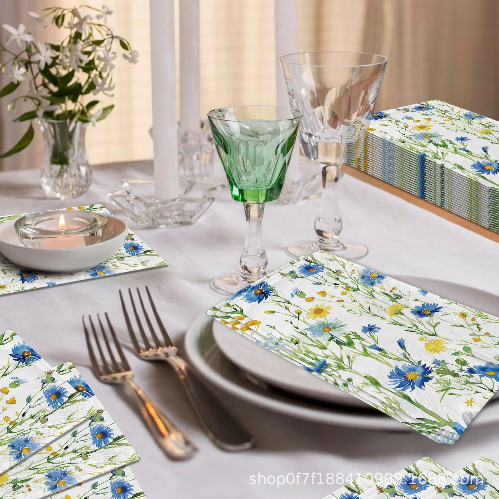 100PCS Fresh Style Spring Blue Yellow Wildflower Paper Napkins 2-Ply 34*40cm Disposable Hand Guest Napkins For Wedding Party