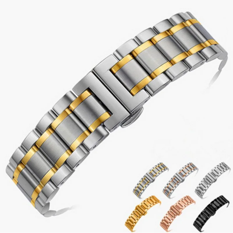 Premium Stainless Steel Watch Band with Butterfly Clasp - Silver Gold Finish