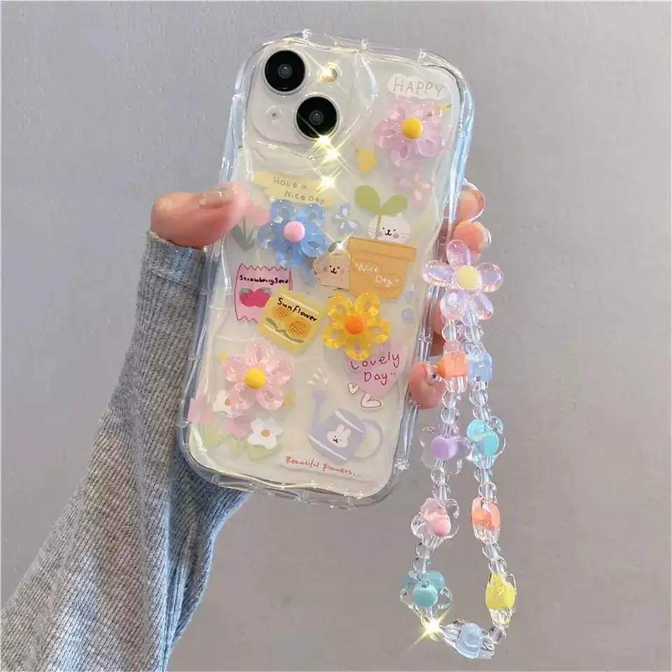 3D Cartoon Flower Phone Chain Lanyard Clear Soft Case For Samsung