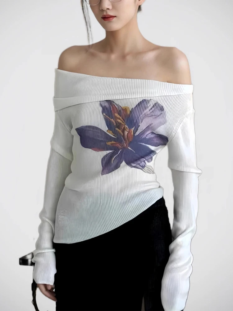 Trendix Knit Print Pullover For Women 2025 Summer Long Sleeve Asymmetric Top Ladies Party Sexy Off Shoulder Knitwear Flower Tops 4