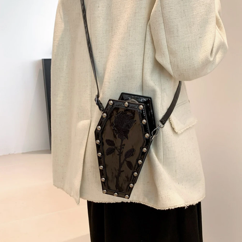 Halloween Coffin Gothic Cell Phone Purse Leather Crossbody Bags Vintage Cosmetic Sling Bag Novelty Cobweb Pattern Shoulder Bag