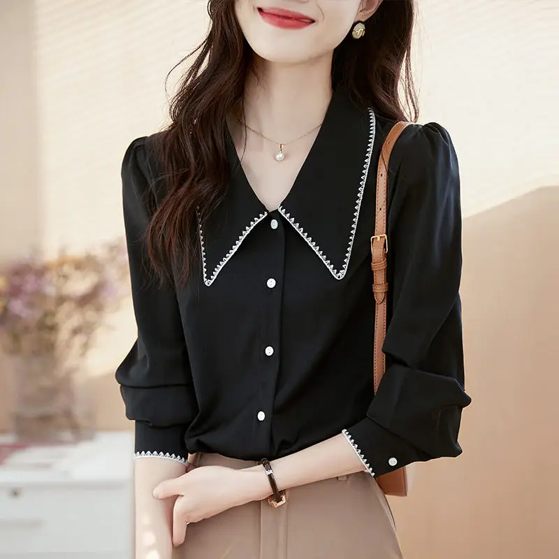 

Sweet Peter Pan Collar Spliced Button Shirt Women's Clothing 2022 Autumn New Loose Casual Tops All-match Office Lady Blouse