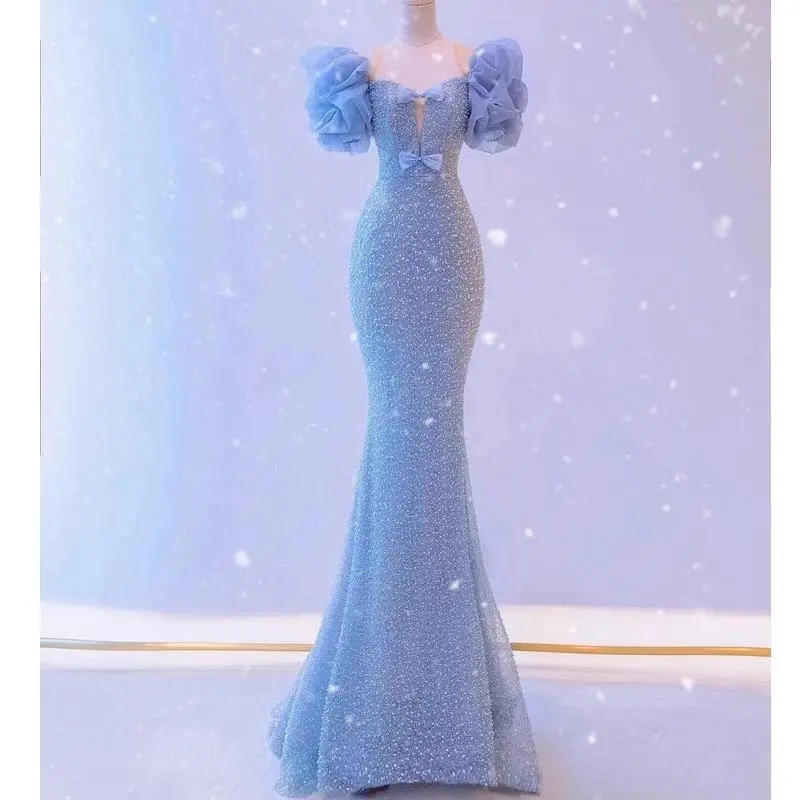 

Sexy Sequins Bow Applique Back Zipper Mermaid Trailing Evening Dresses Women Formal Bride Party Gown Vestidos