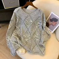 Woman Hollow Knitted Sweater Sequins Solid Glitter Knitting Blouse Long Sleeve Pullover Blouses Female Lady Beach Club Outfit - Image 2