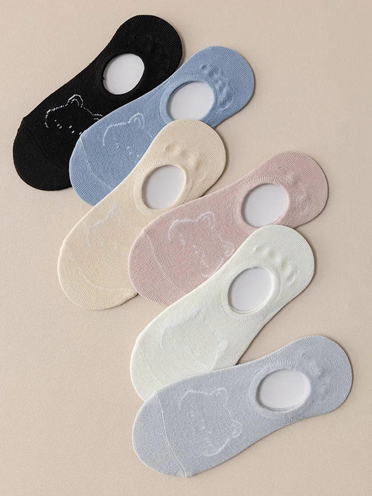 

5 Pairs/Pack Woman Cotton Ankle Invisible Socks Bear Pattern Novelty Cute Breathable Boat Short Sock Floor Socks