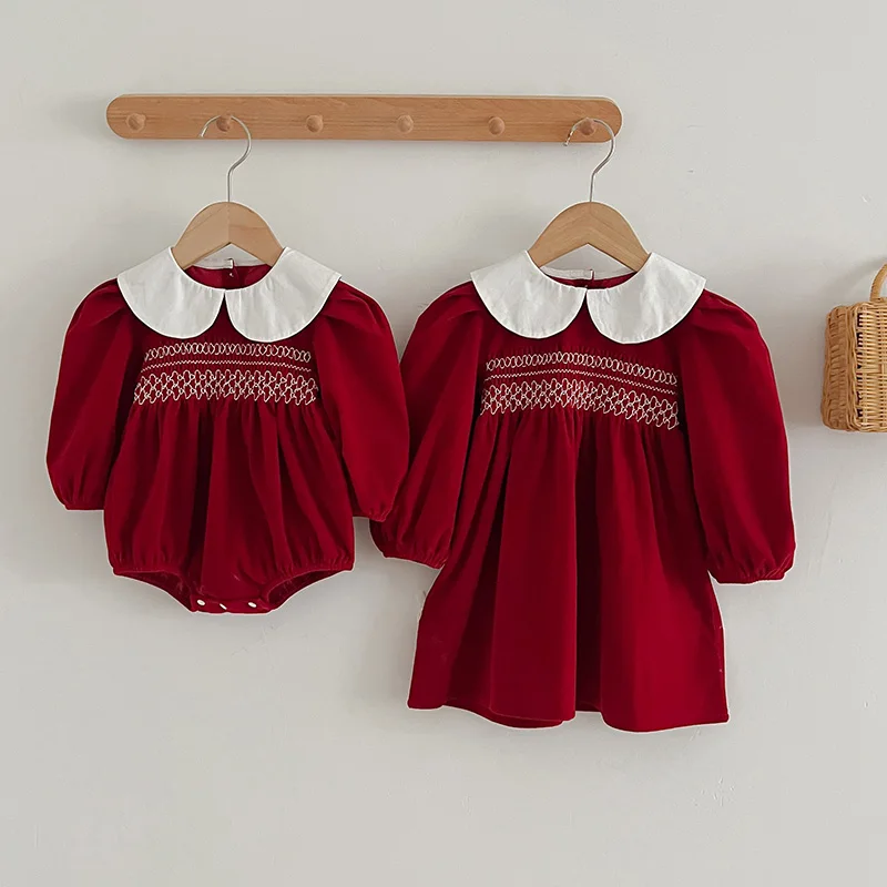 Baby Girls Clothes Autumn Toddler Baby Rompers Princess Dress Red Long Sleeves Girls Dress Christmas Sister Clothing girls dress princess costume kids clothes