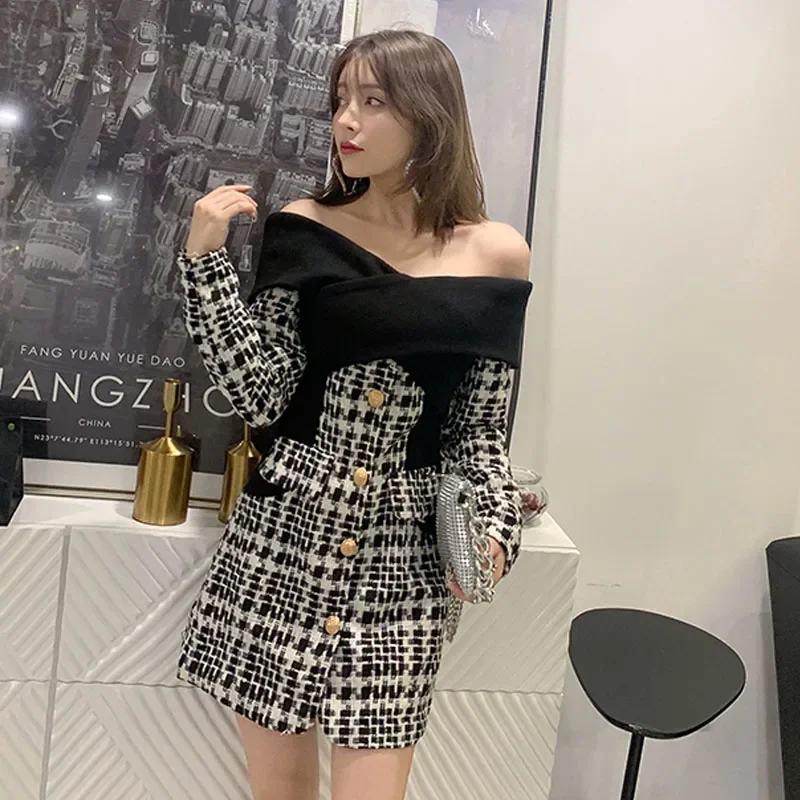 

New Fashion 2024 Autumn Dress Women Sexy Off Shoulder Long Sleeve Plaid Tweed Elasticity Striped Black White Spliced Mini Dress