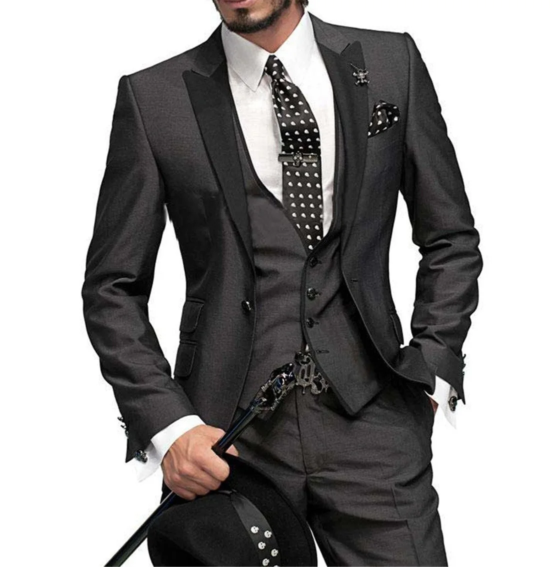 Solid Wedding Men's Suit Slim Fit Peak Lapel Formal Business Groom Tuxedos 3-Piece Jacket +Vest+Pants for Party Prom 2