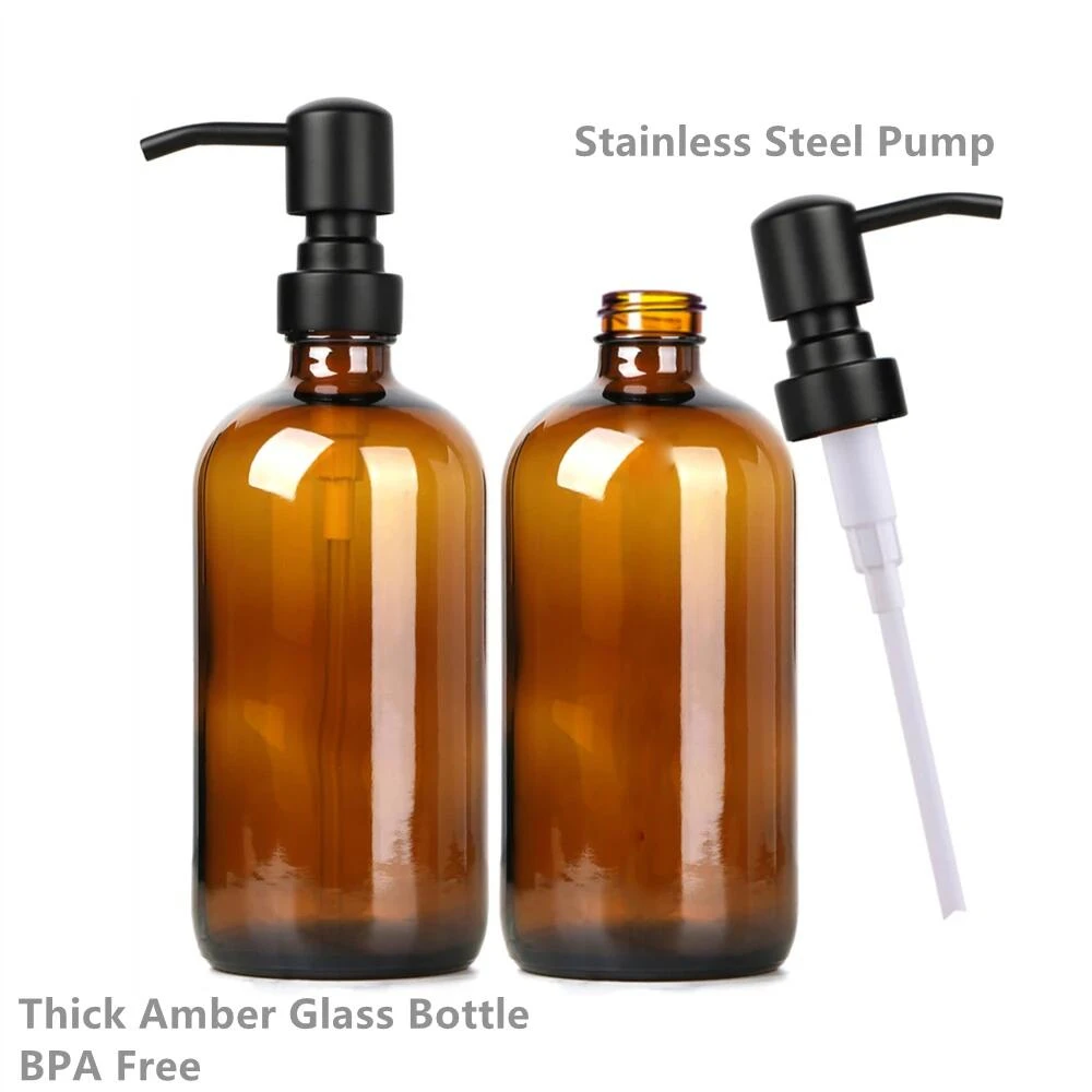 Amber Glass Soap Dispenser with Black Pump, Liquid Hand Soap Dispenser for Bathroom, Kitchen Dish Soap Dispenser, 2pc 16Oz 500ml 4