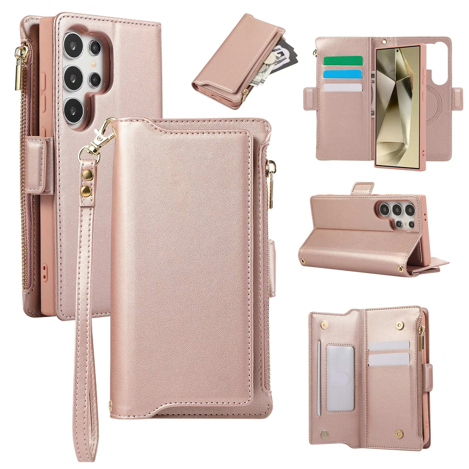 Etui na karty z zamkiem błyskawicznym na ramię Solt Wallet Leather do Samsung S24 Ultra S23 Plus S22 S21 A55 A15 A14 A54 w 1 odpinana torba_voghion.com