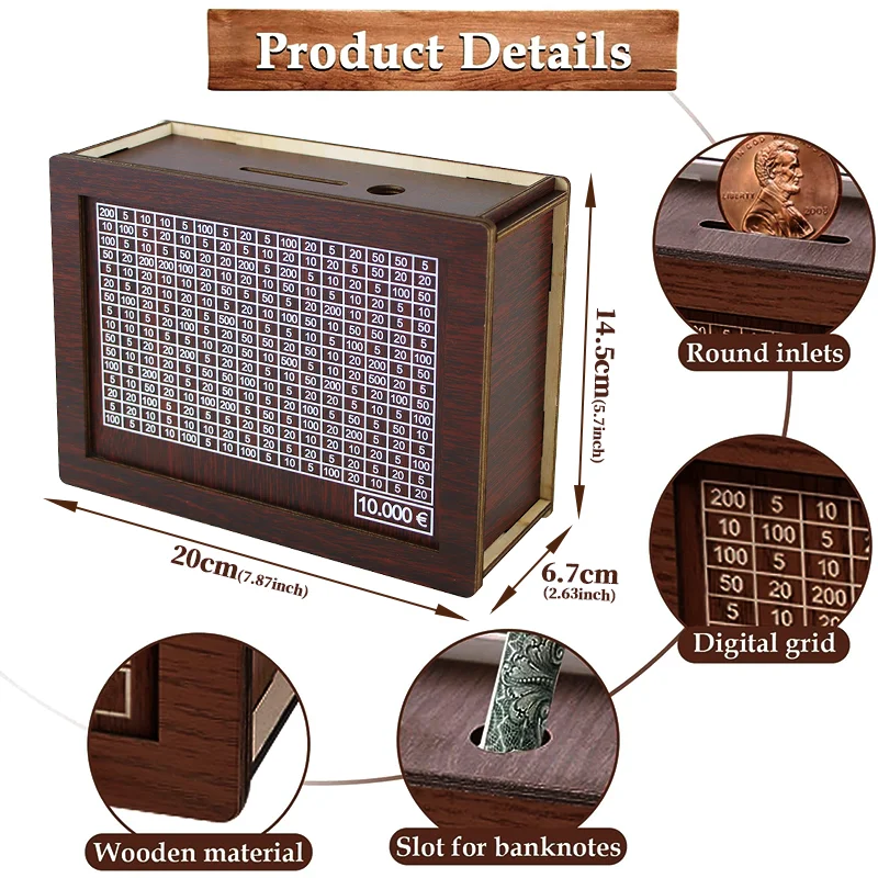 Wooden Piggy Bank 1000/2000/3000/5000/10000 Euro Money Box Money Vault Savings Box Challenge Cash Storage Case