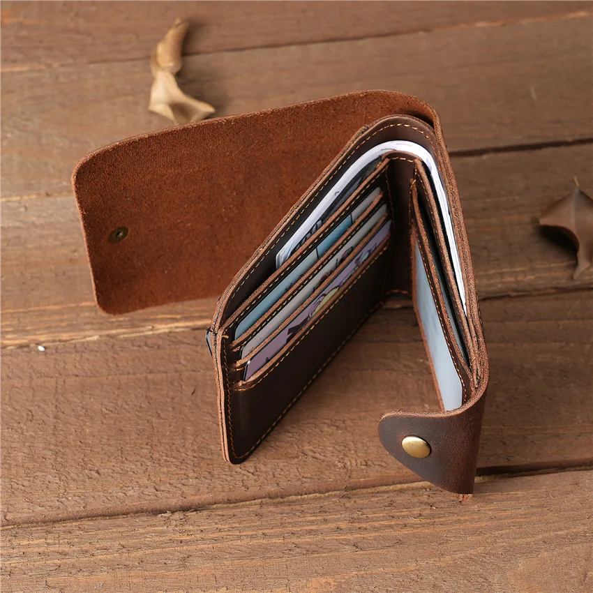 Genuine Leather Wallet for Men Large Capacity ID Window Card Case Wallet with Snap Closed Bifold Male Crazy Horse Leather Wallet