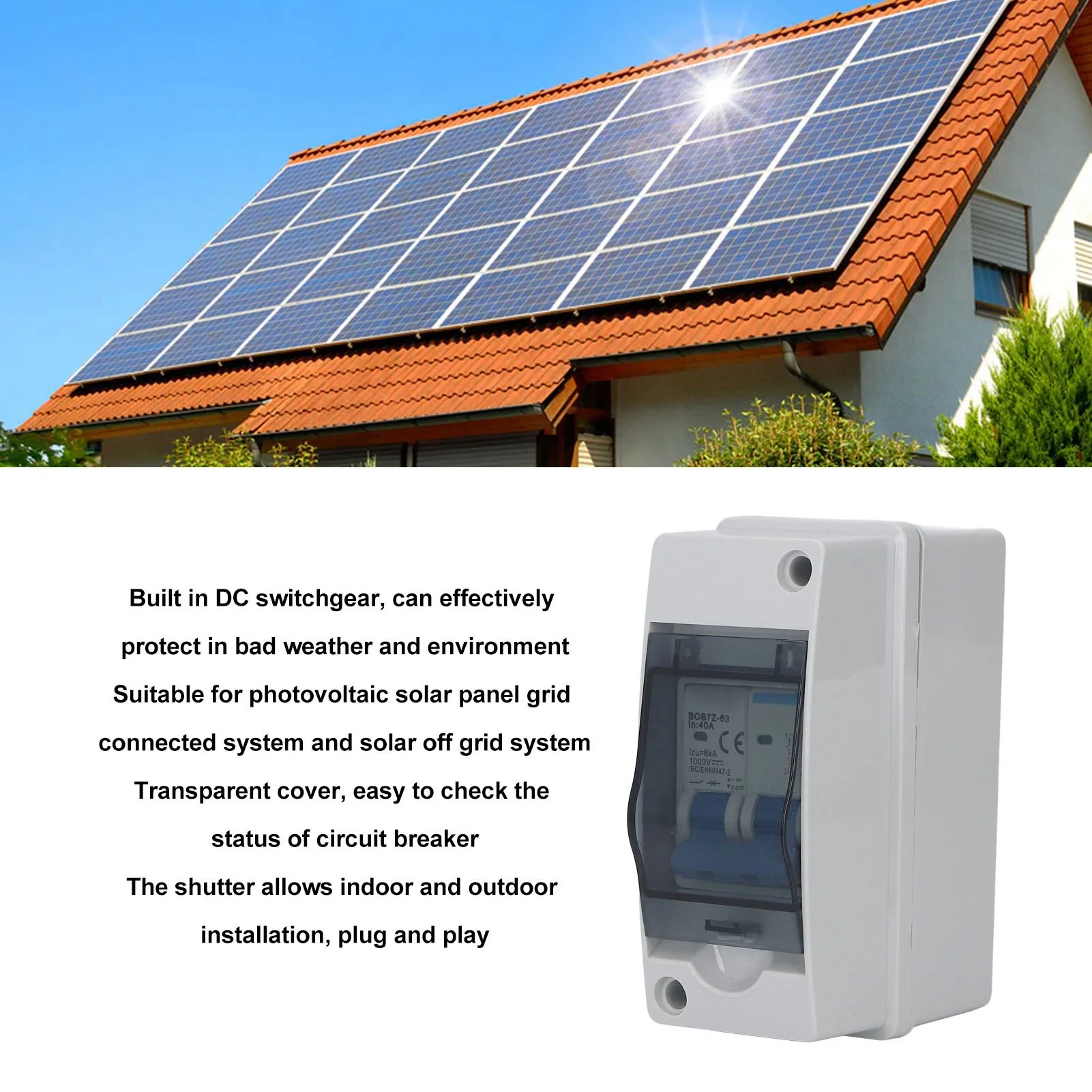 DC Disconnect Switch 40A Protective Transparent Cover Miniature Circuit Breaker with IP65 Distribution Box 1000V