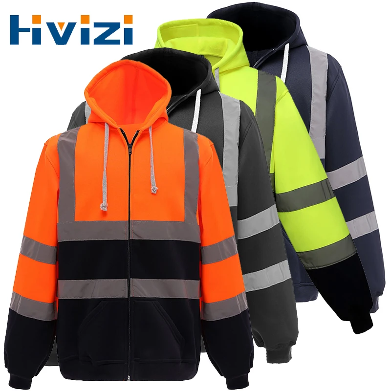 

Флисовые Светоотражающие толстовки, мужские зимние толстовки на молнии, толстовка с капюшоном, мужские толстовки, мужские черные толстовки, Мужская Рабочая одежда Hi Vis