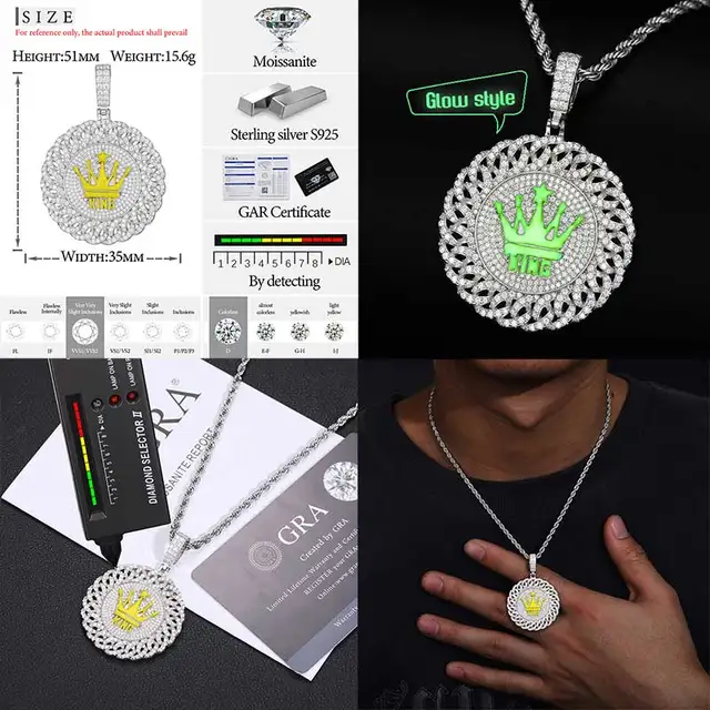 Classic Luminous Style Personalized Pendant Necklace Silver 925 Moissanite Pendant Necklace Rope Chain Men Hip Hop Jewelry 4