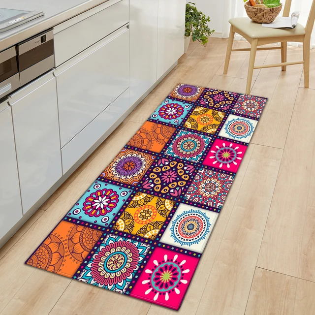 Boho Geometric Pattern Long Bathroom Mat, Hallway Rug Runner Bath