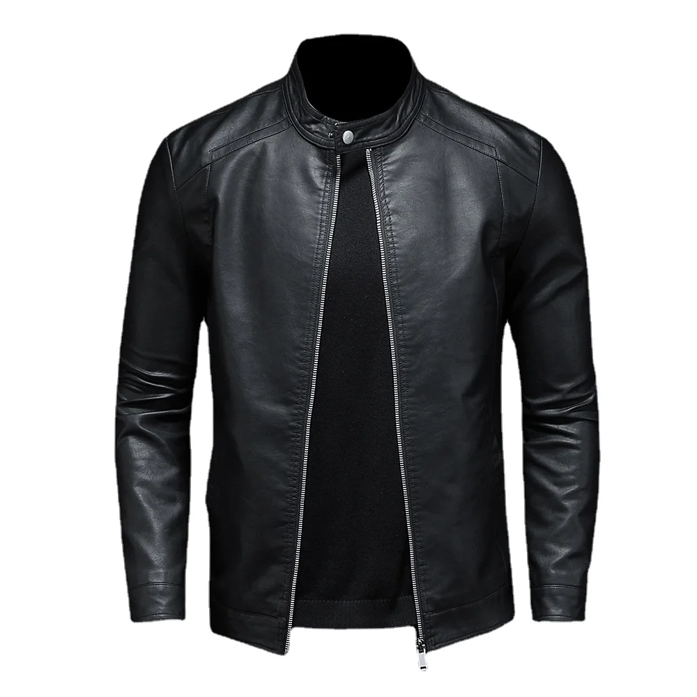 

New Men Leather Jacket Classic Slim Fit Motorcycle PU Leather Jacket Solid Color Standing Collar Men Large Black Leather Jacket