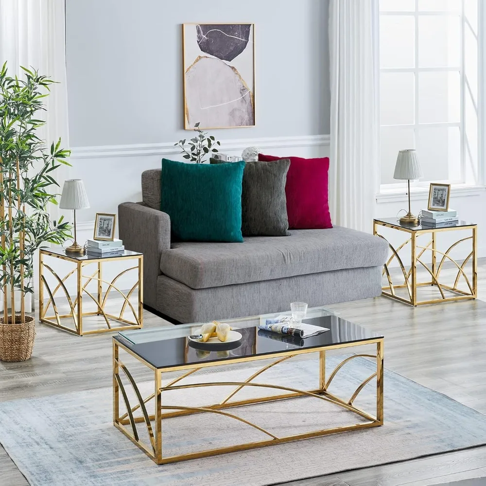 Accent Glass End Table Gold- Set of 1 Modern Square 21.45" Coffee Table Tempered Glass with Stainless Steel Frame, Sleek Side Ta 3