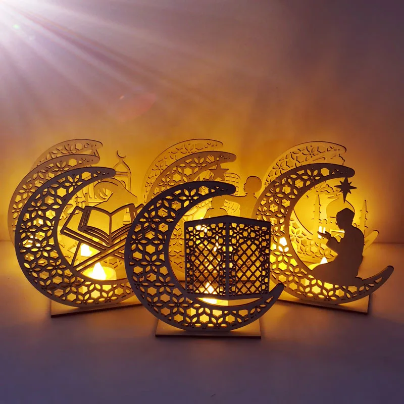 

Eid Mubarak Wooden with LED Candles Holiday Decorations Islam Muslim Party Home Decoration Ramadan Kareem Room Lights Decor