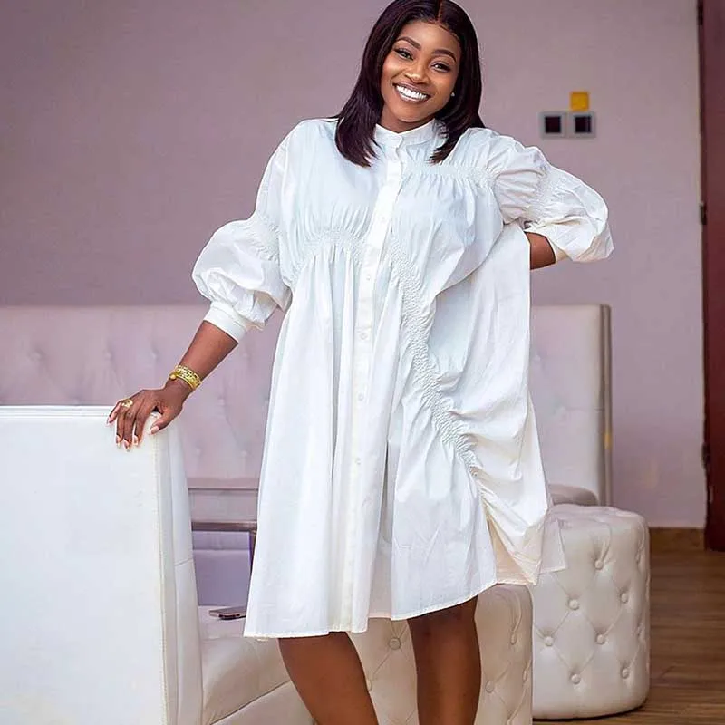 African Shirt Dresses For Women 2022 Button Lapel Folds Full Sleeve Robes Fashion Solid Color Loose African Midi Dress Vestidos african pants