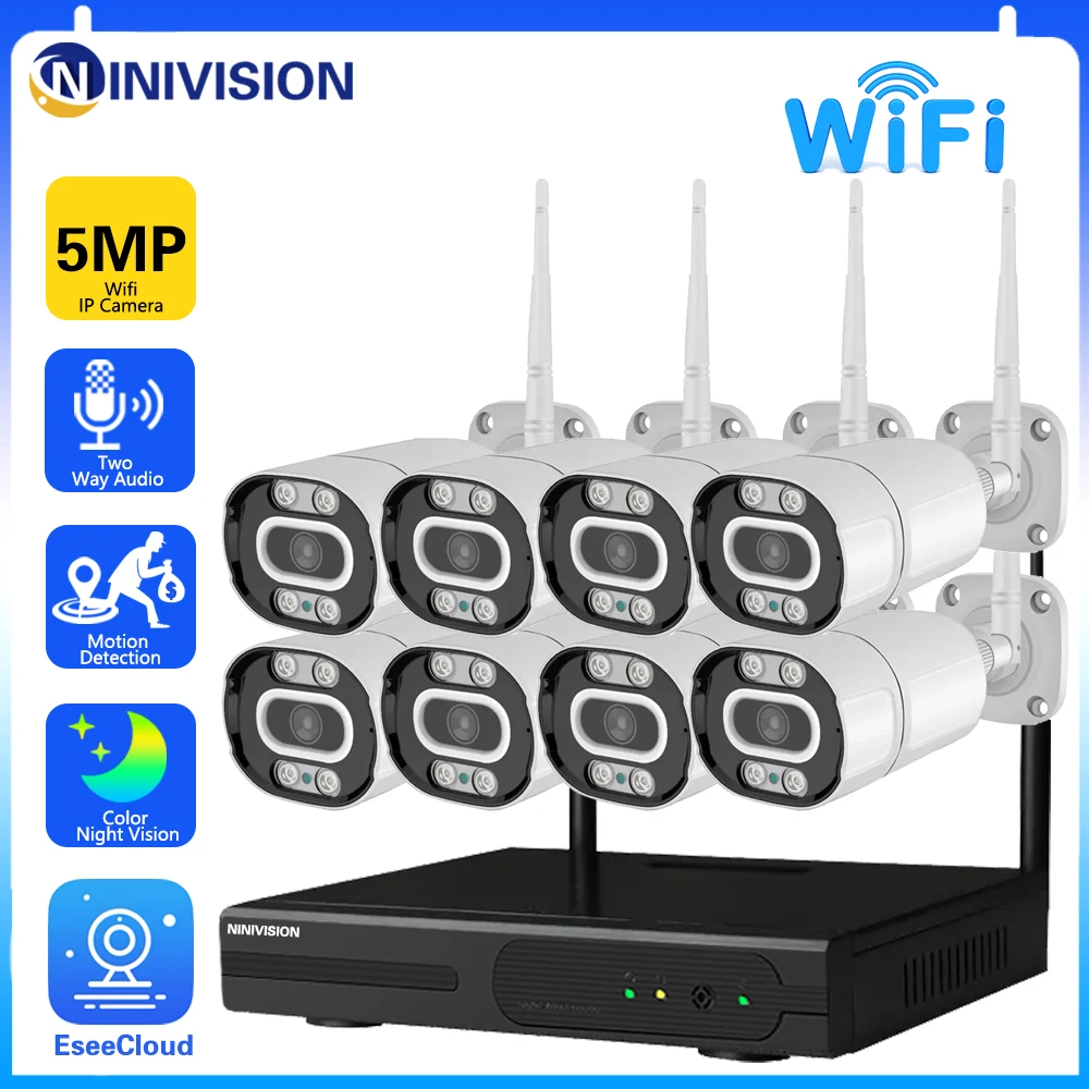 

5MP Wireless Surveillance System 8CH NVR CCTV Kit Outdoor Wifi Security Camera Two Way Audio Color Night Vision Surveillance Kit