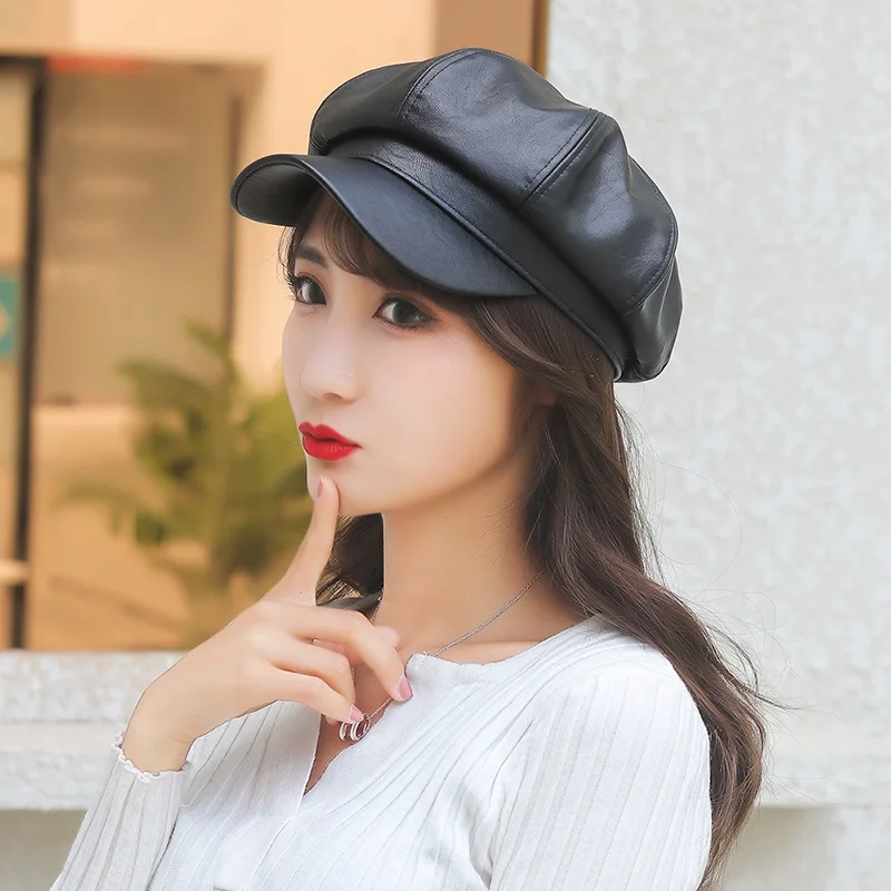 여성용 PU 가죽 베레모 모자, 블랙 레드, 야외 조절 가능, 가을 겨울 캐주얼 레이디 모자, 신제품