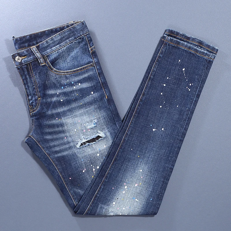Street Fashion Men Jeans High Quality Retro Blue Elastic Stretch Skinny Ripped Jeans Men Painted Designer Hip Hop Brand Pants