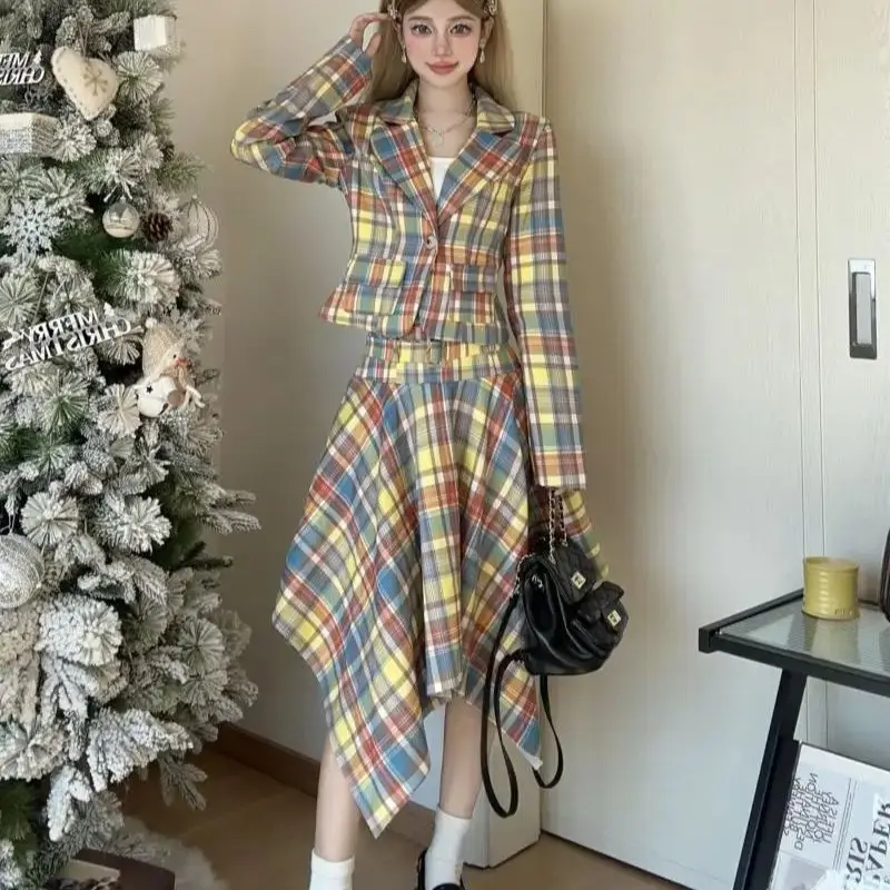 

Academy Style Suit Skirt 2024 Spring And Summer New Plaid Waistband Suit Jacket Irregular Hem Half Skirt Two-Piece Set Splicing