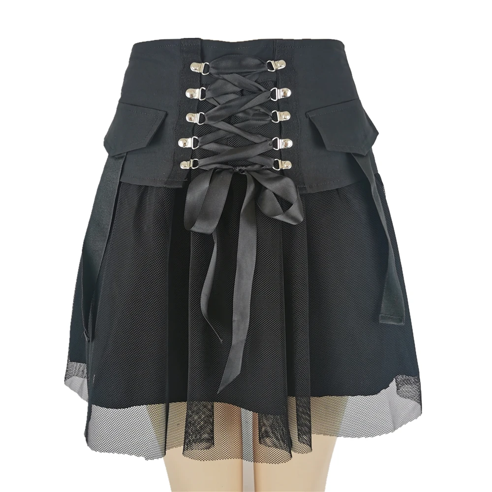Gothic Skirt Women's High Waist A Line Goth Mini Skirt with Tulle and Pleated Lace for Club, Uniform, Dance, Skate