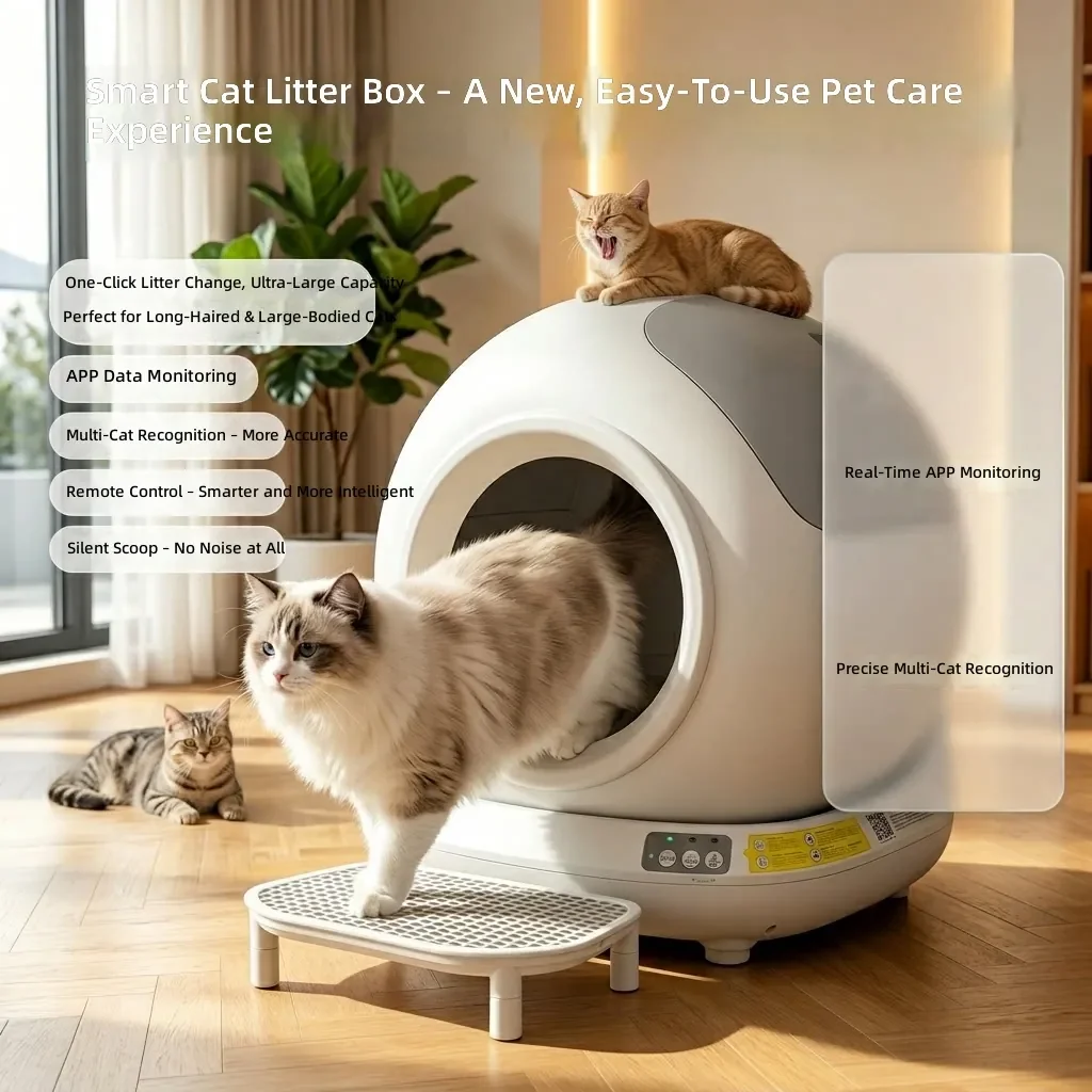 스마트 자동 세척 고양이 화장실, 대형 냄새 방지 고양이 변기, 탈취 UV 살균 기능 포함 (고양이 없이)