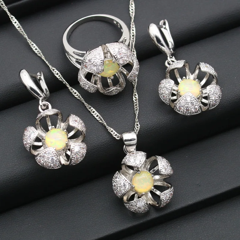 

White Opal Silver Color Jewelry Sets For Women Wedding Australia Decorations Earrings Pendant Necklace Ring Gift Box