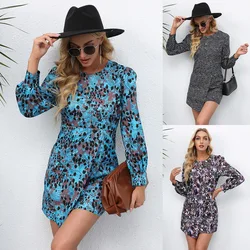 Vestido de primavera 2022 para mujer, estampado, cuello redondo, manga larga, Falda corta