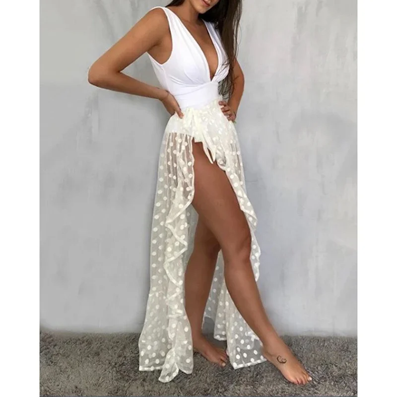 Combhasaki Womens Mesh Sheer Beach Holiday Ruffled Sunscreen Bikini Cover Up Wrap Belted Bow knot tied Long Skirt Summer Holiday swimsuit cover up swimsuit coverup fishnet cover up sunscreen shawl