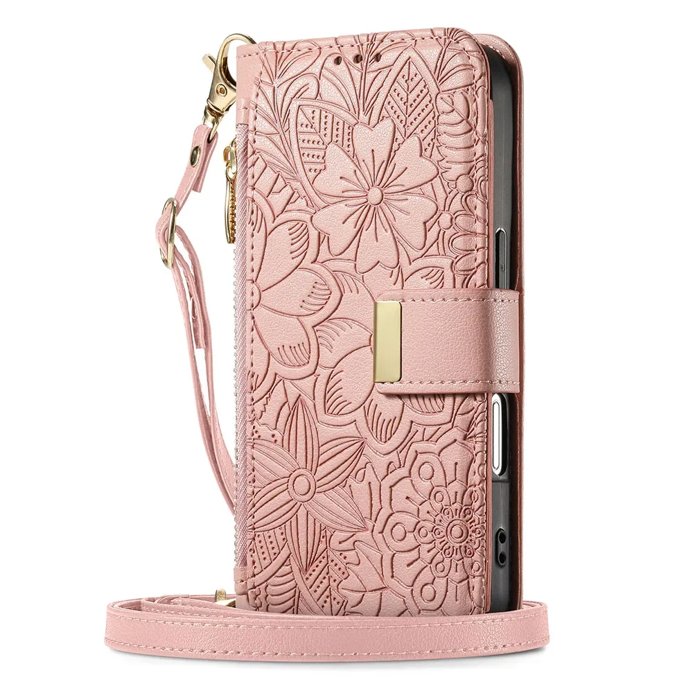 Zipper Wallet Flip Case with Card Holder and Wrist Strap