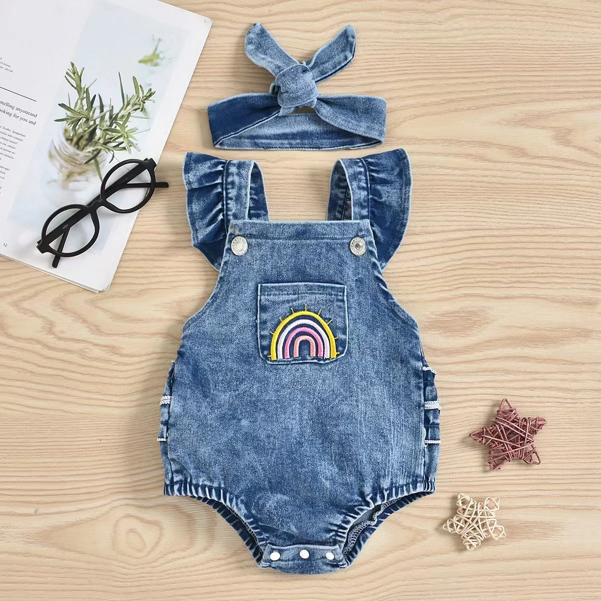 Cotton romper trendy denim shirred trim sleeveless baby girls jumpsuit infant newborn summer clothing