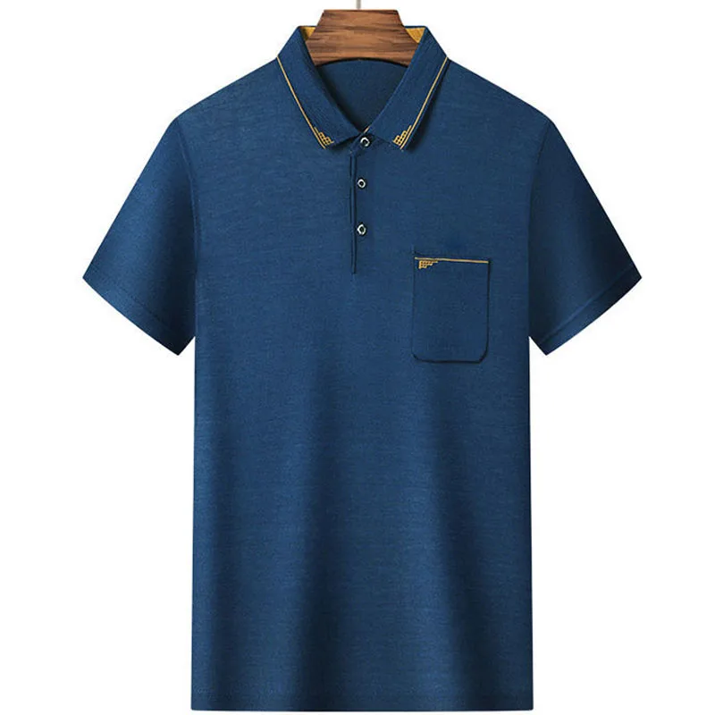 

2023 New Summer Fashion Trend Solid Color Ice Silk Short Sleeved Lapel Real Pocket Handsome High-end Versatile Simple Men's Top