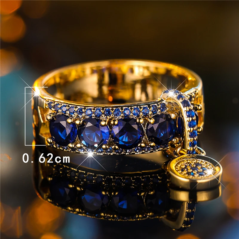 Luxury Female Blue Round Zircon Stone Engagement Ring Yellow Gold Color Wedding Jewelry For Women