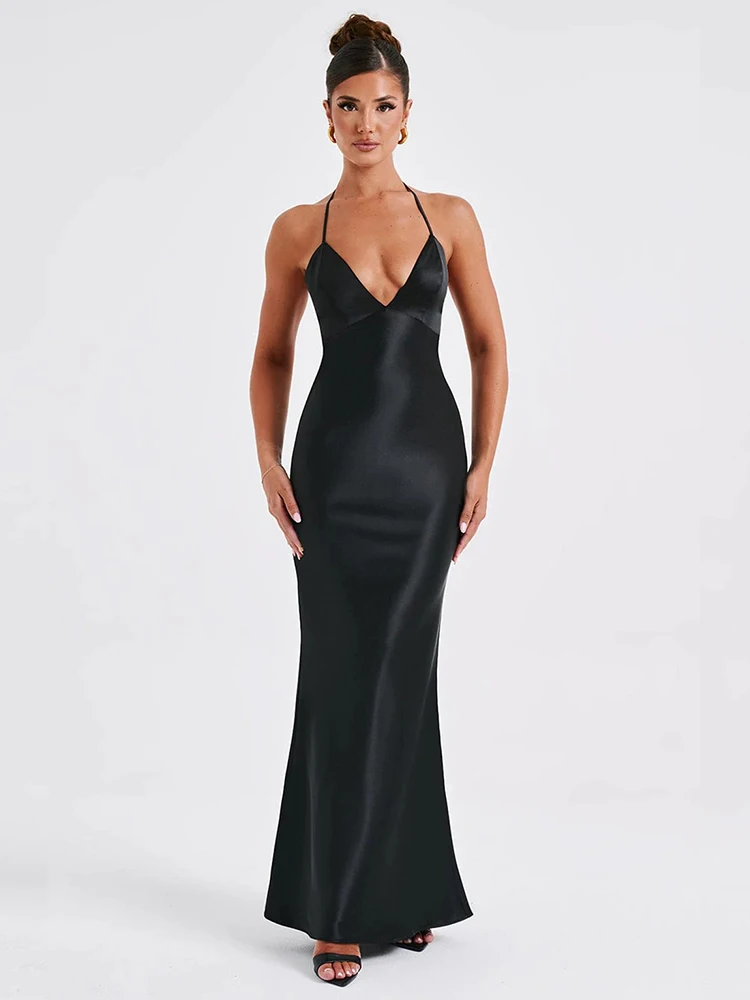 

Fantoye Satin Sexy Backless Women Maxi Dress Black Spaghetti Strap Evening Dress Femme Spring Skinny Elegant Party Clubwear 2024