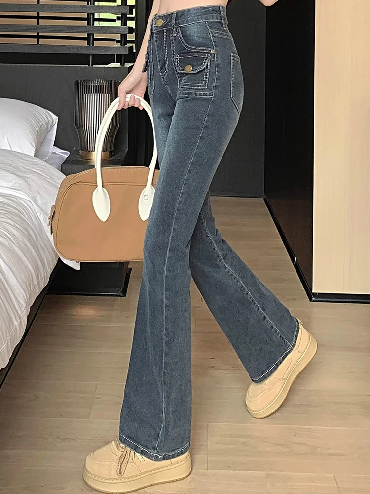 여성 하이 웨이스트 그런지 옷, 슬림핏 플레어 청바지, 여성 Y2k 데님 벨 바텀 팬츠, 소녀 스트리트웨어, 블루 부츠 컷 바지