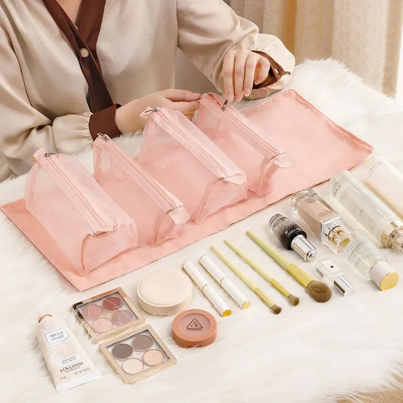Detachable 4 in 1 Multifunctional Makeup Bag, Portable Mesh Toilet Bag, Foldable Travel Cosmetics Storage Bag